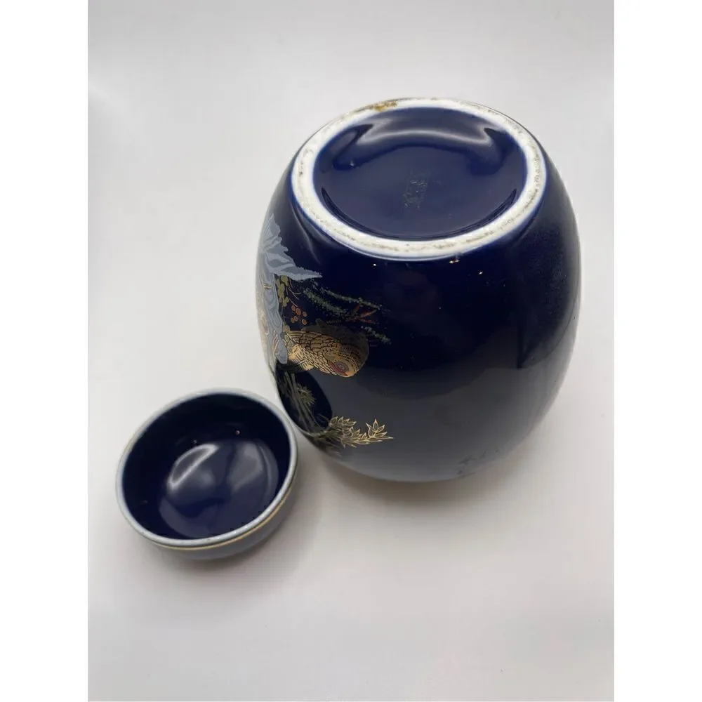 Ginger Jar vintage blue cobalt pheasant gold trimmed